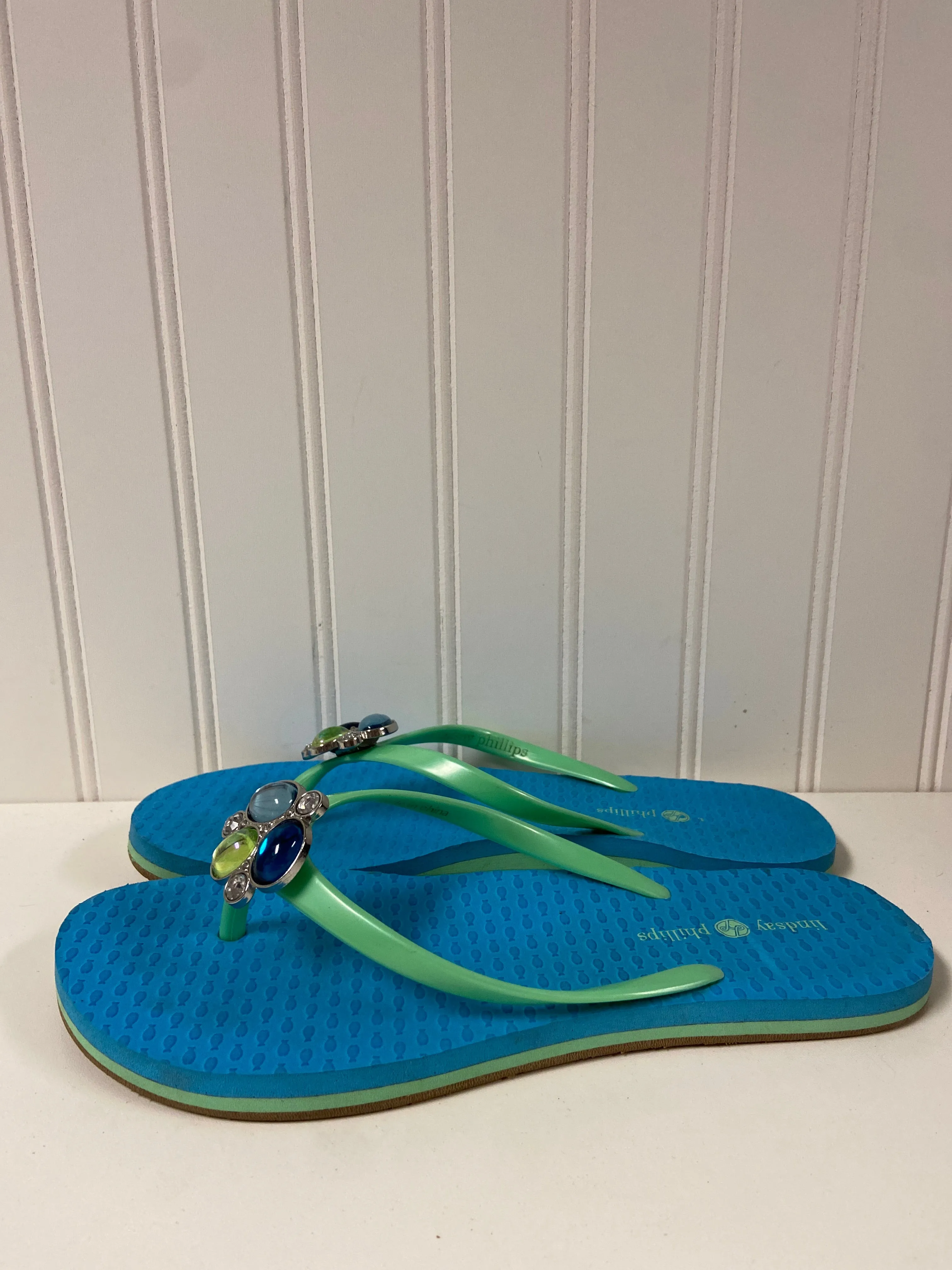 Blue & Green Sandals Flip Flops Lindsay Phillips, Size 7