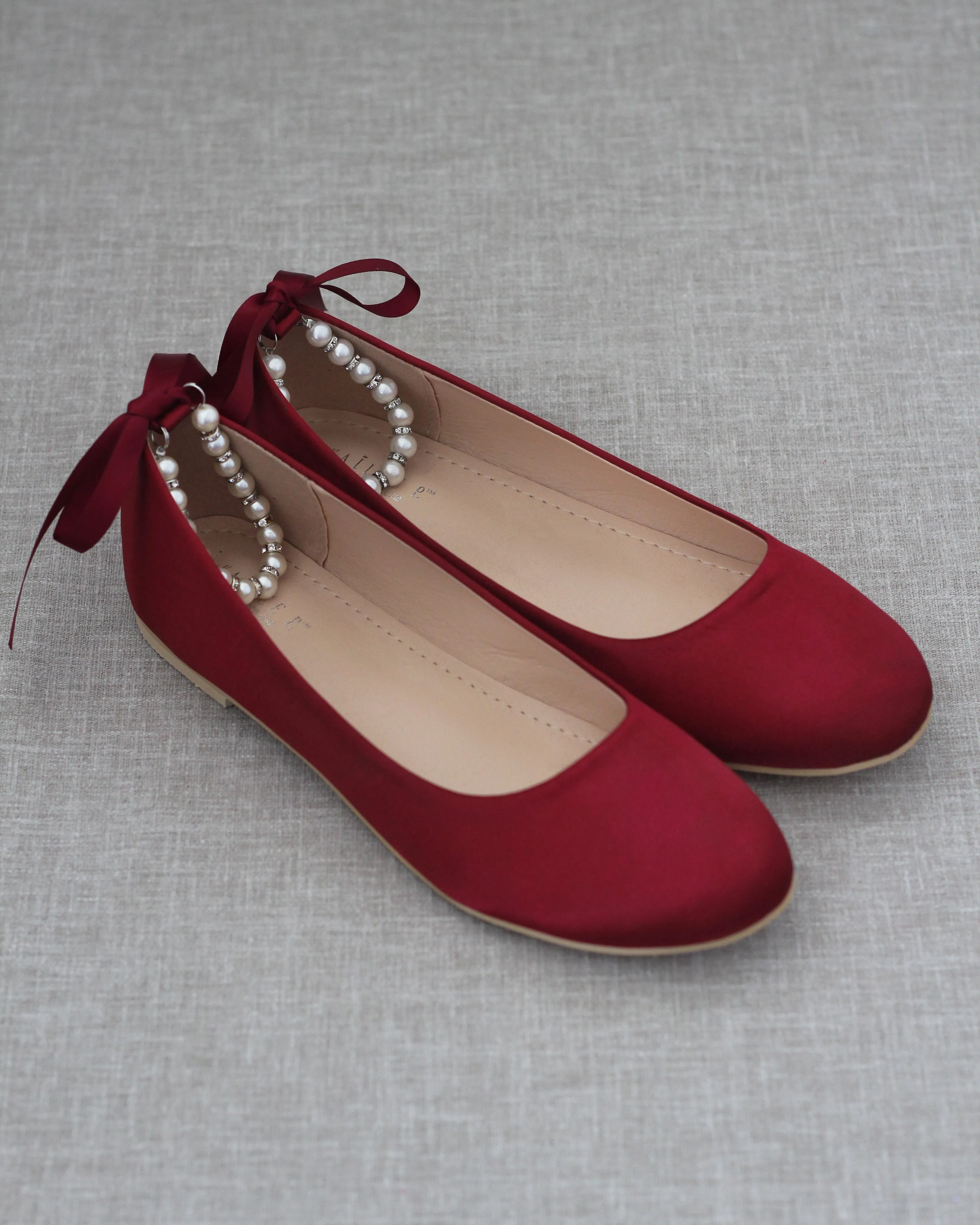 Burgundy Round Toe Evening Flat with Pearl Strap