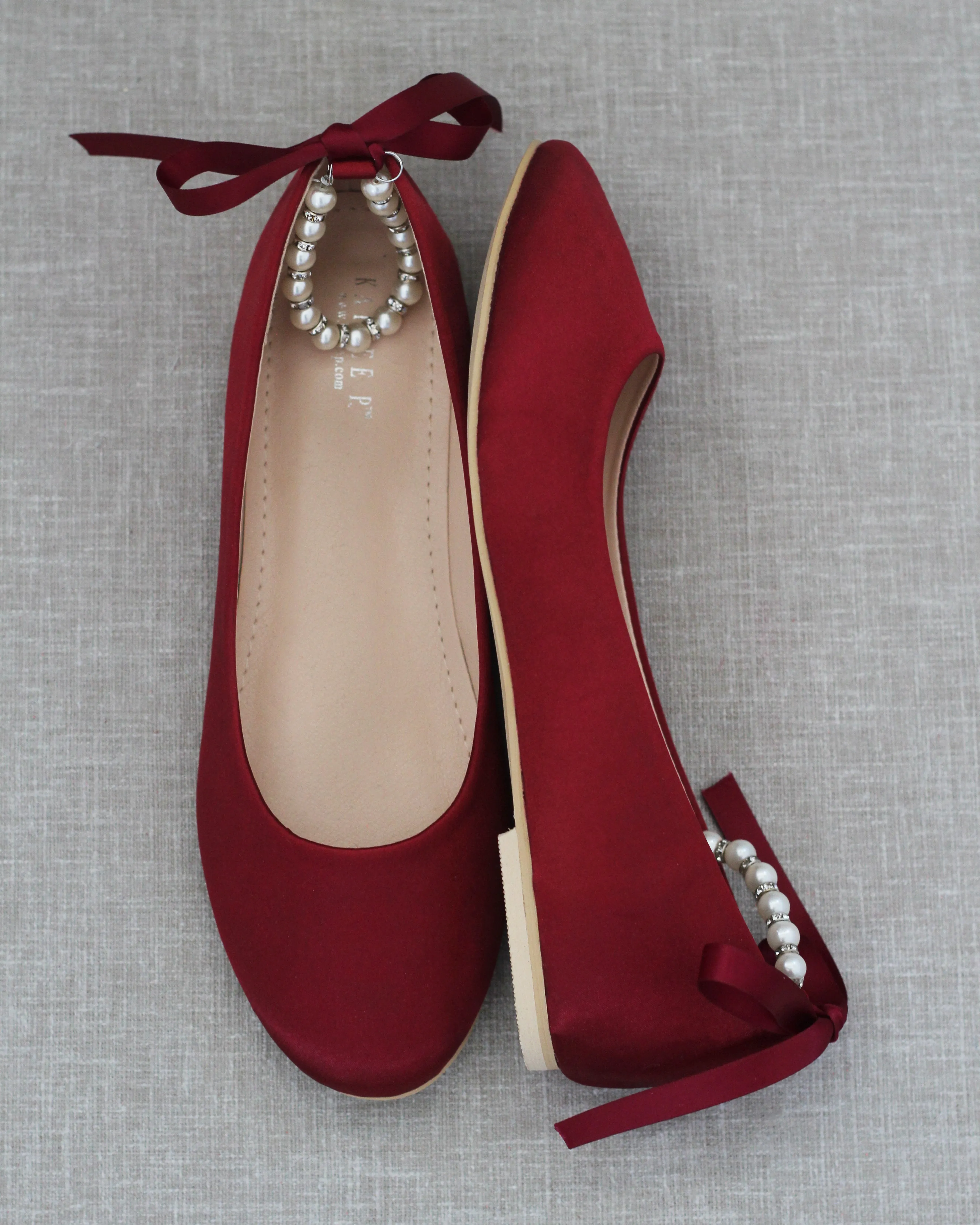 Burgundy Round Toe Evening Flat with Pearl Strap