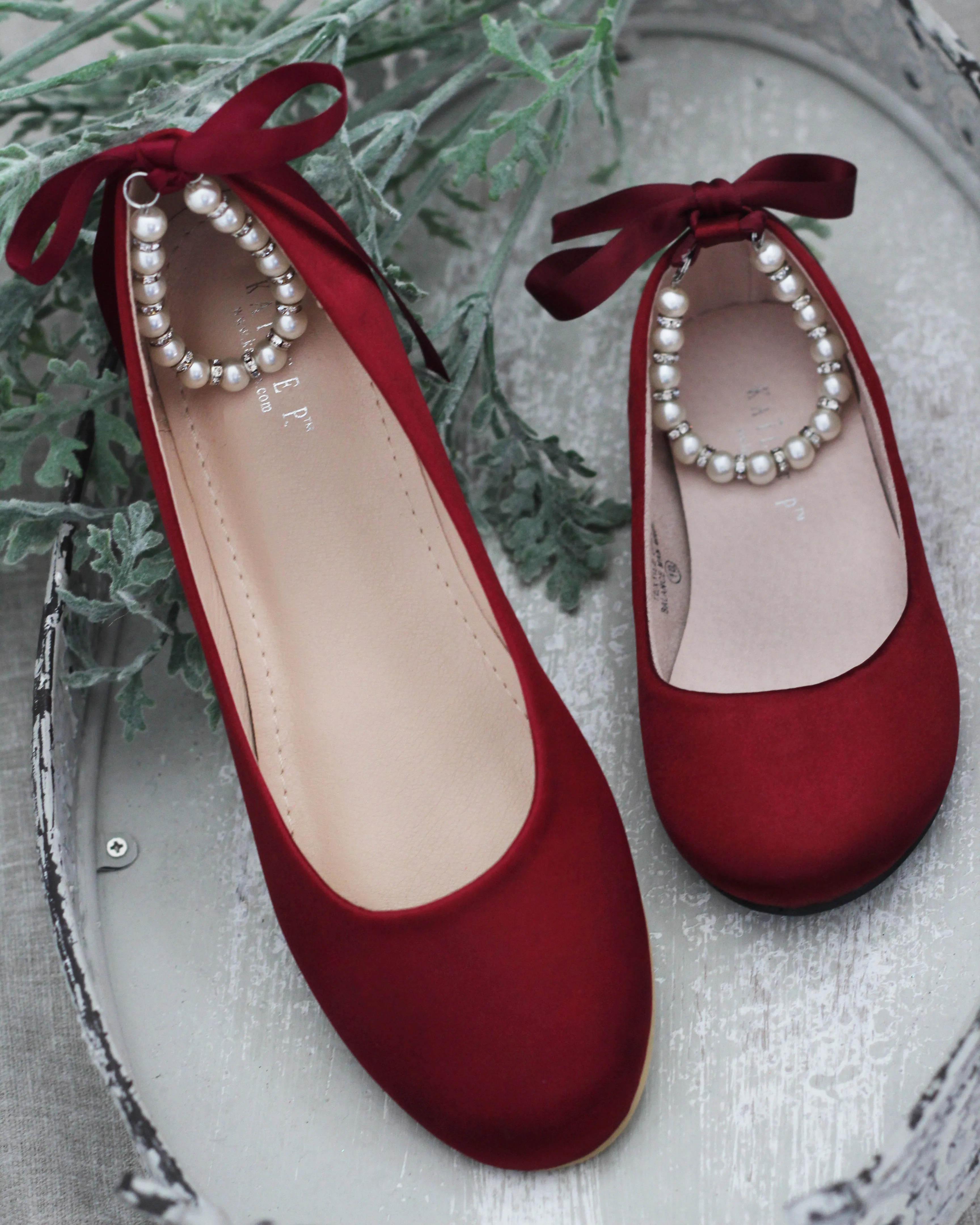 Burgundy Round Toe Evening Flat with Pearl Strap