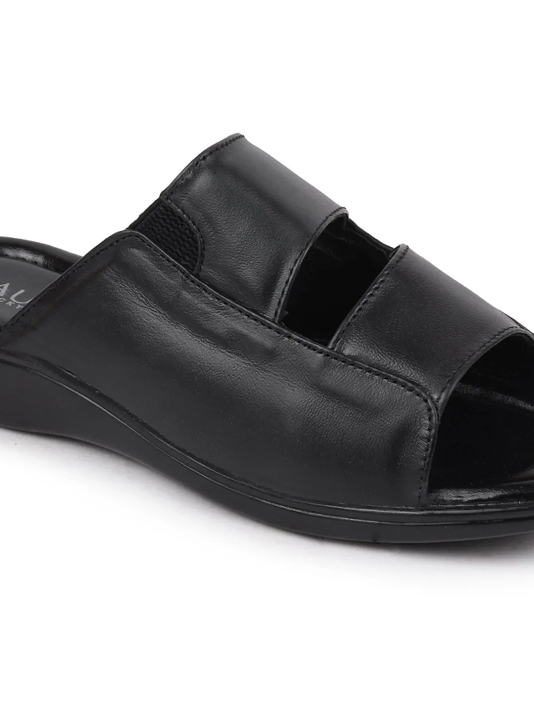 Men Black Leather Outdoor Lightweight Cushioned Slip On Slippers