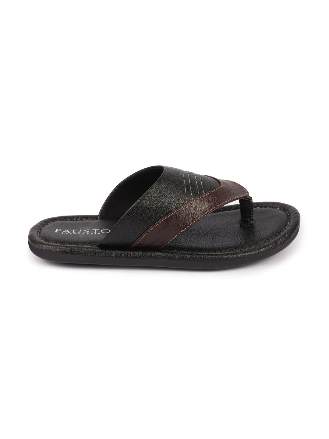 Men Black Side Stitched Outdoor Thong Slipper Sandals