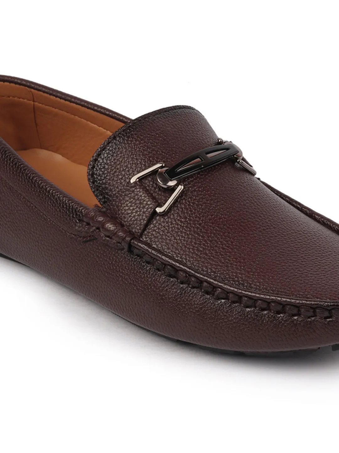 Men Brown Casual Slip On Textured Stitched Design Driving Loafer and Moccasin Shoes