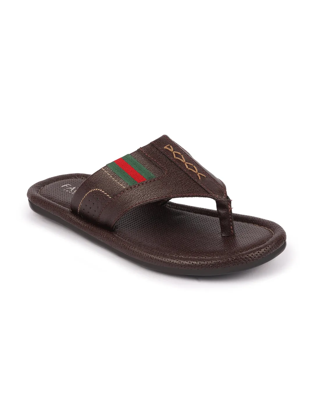 Men Brown Colored Strip Design Indoor Outdoor Thong Slipper Sandals