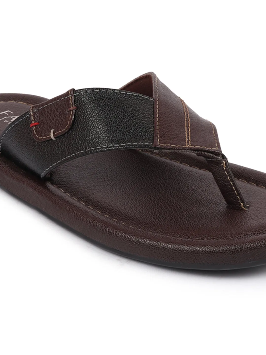 Men Brown Stitched Design Indoor Outdoor Thong Slipper Sandals