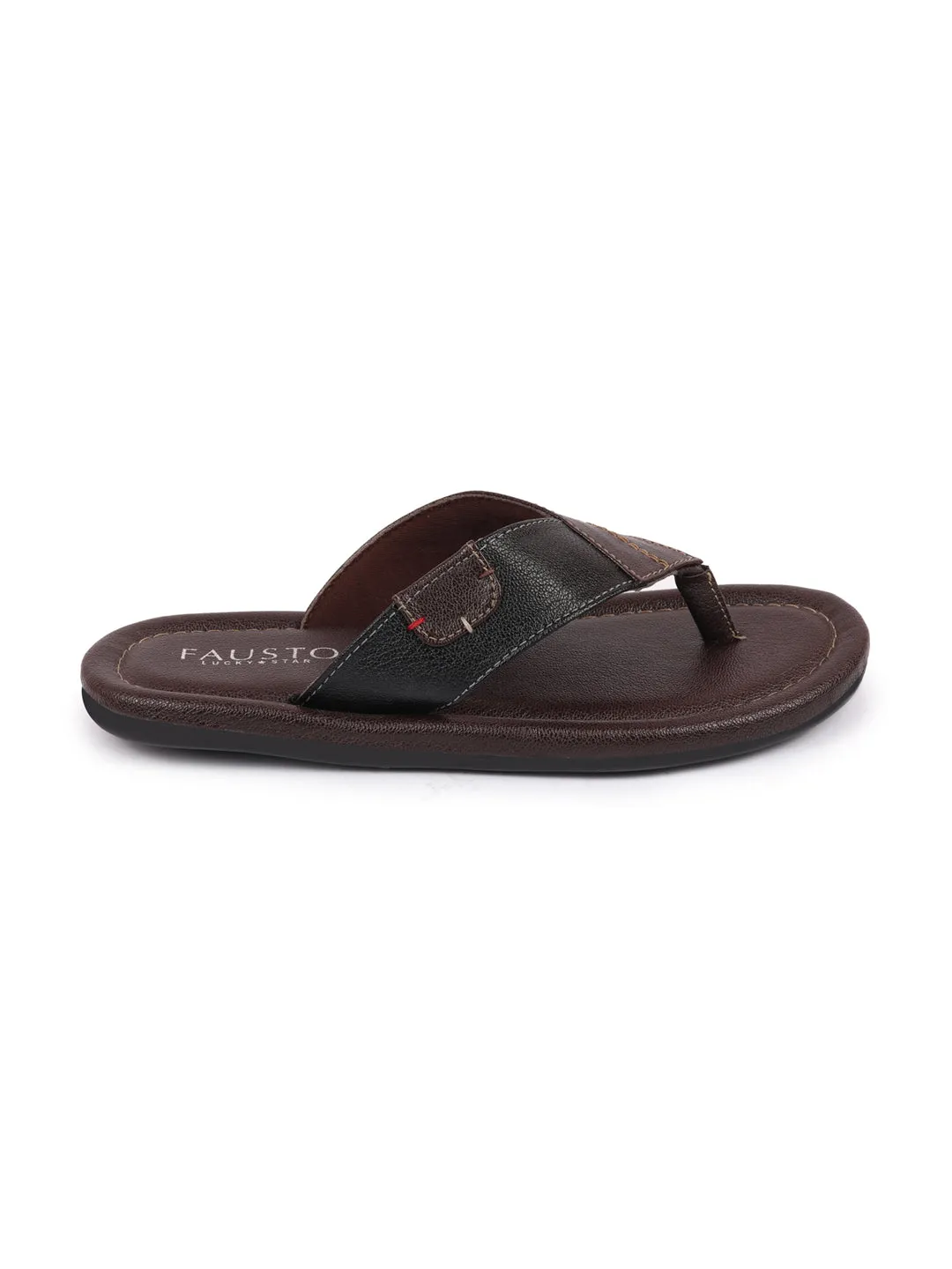 Men Brown Stitched Design Indoor Outdoor Thong Slipper Sandals