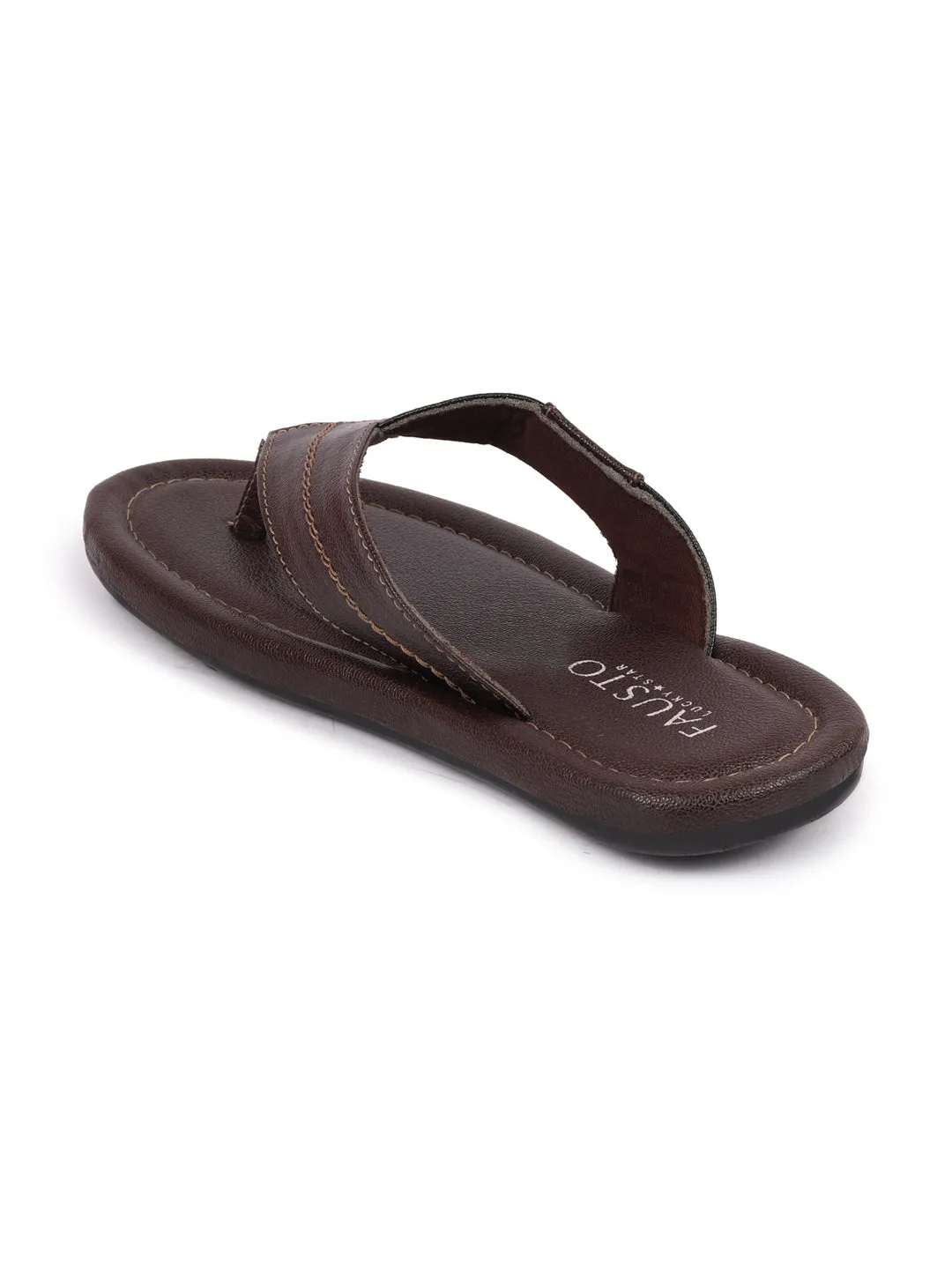 Men Brown Stitched Design Indoor Outdoor Thong Slipper Sandals