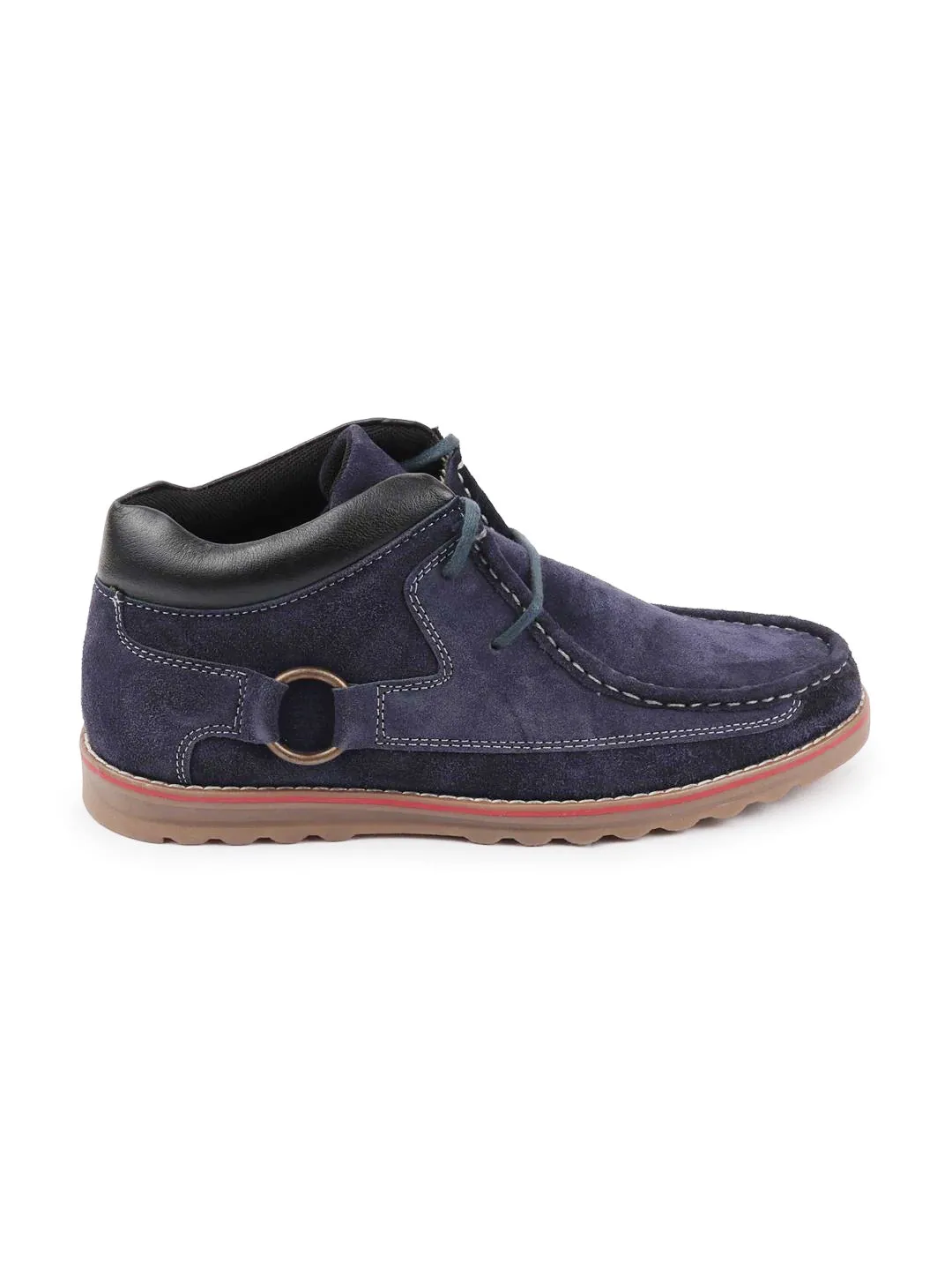 Men Navy Blue Suede Leather Mid Ankle Lace Up Casual Shoes