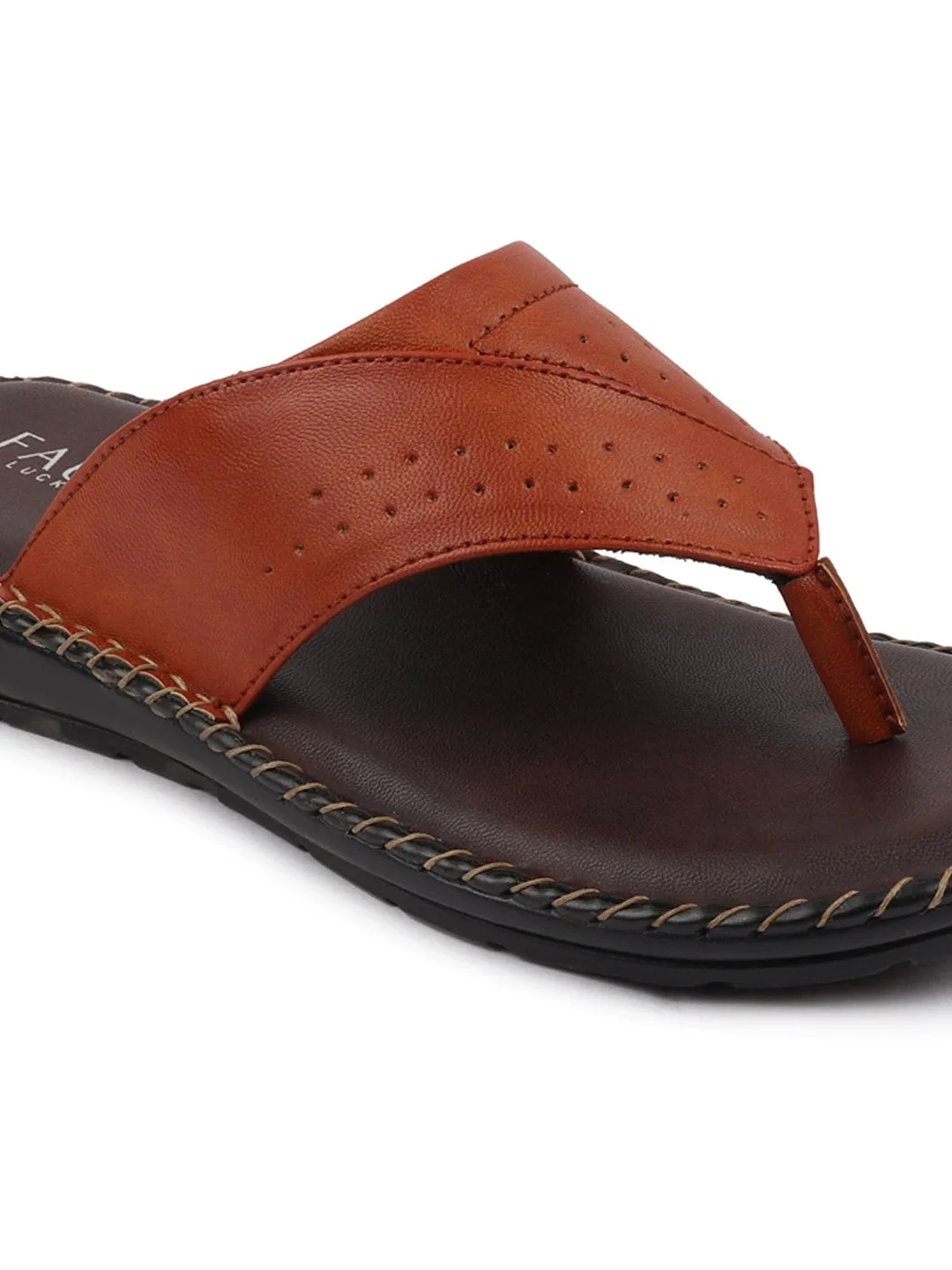 Men Tan Side Stitched Slippers