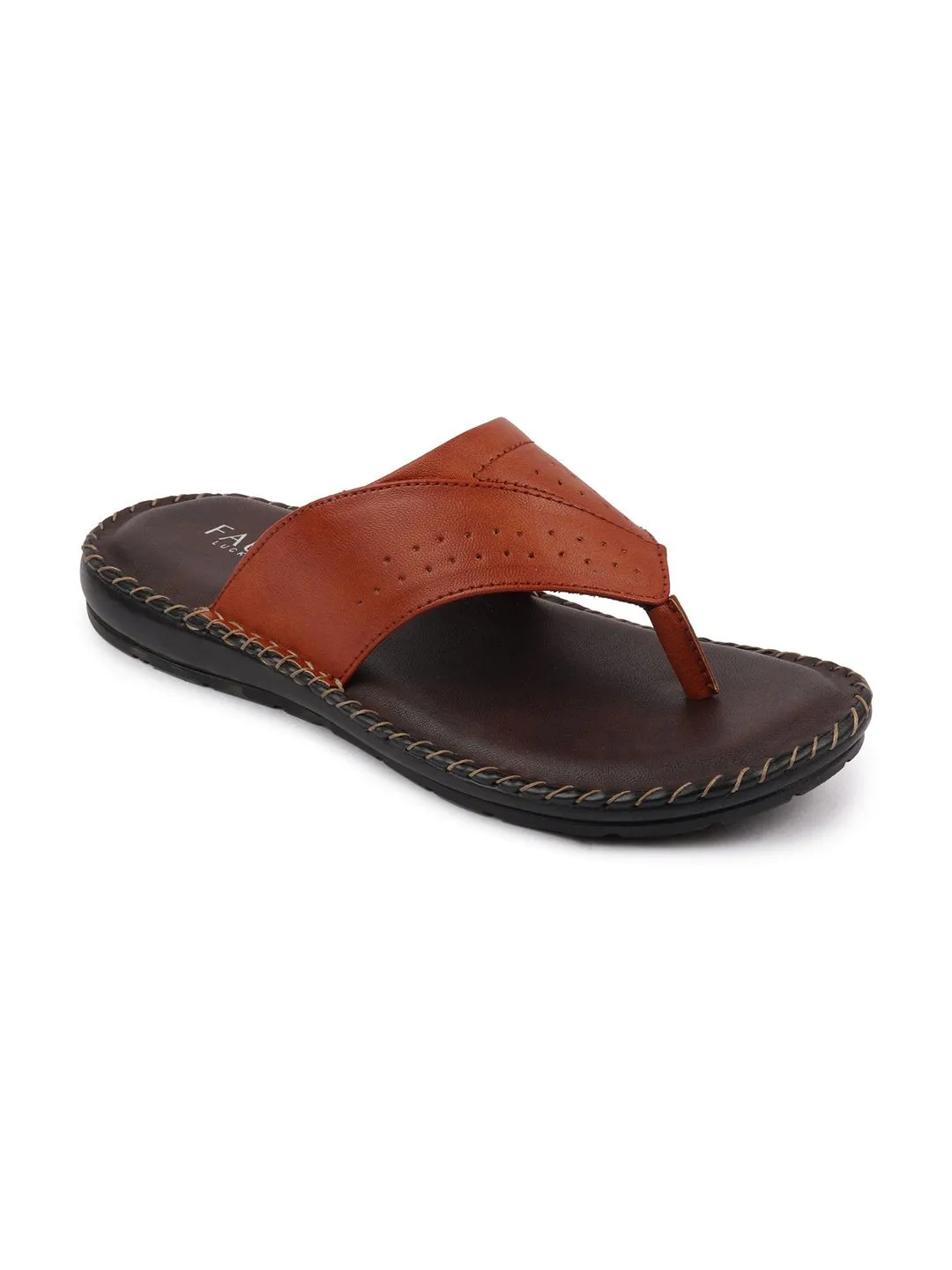 Men Tan Side Stitched Slippers