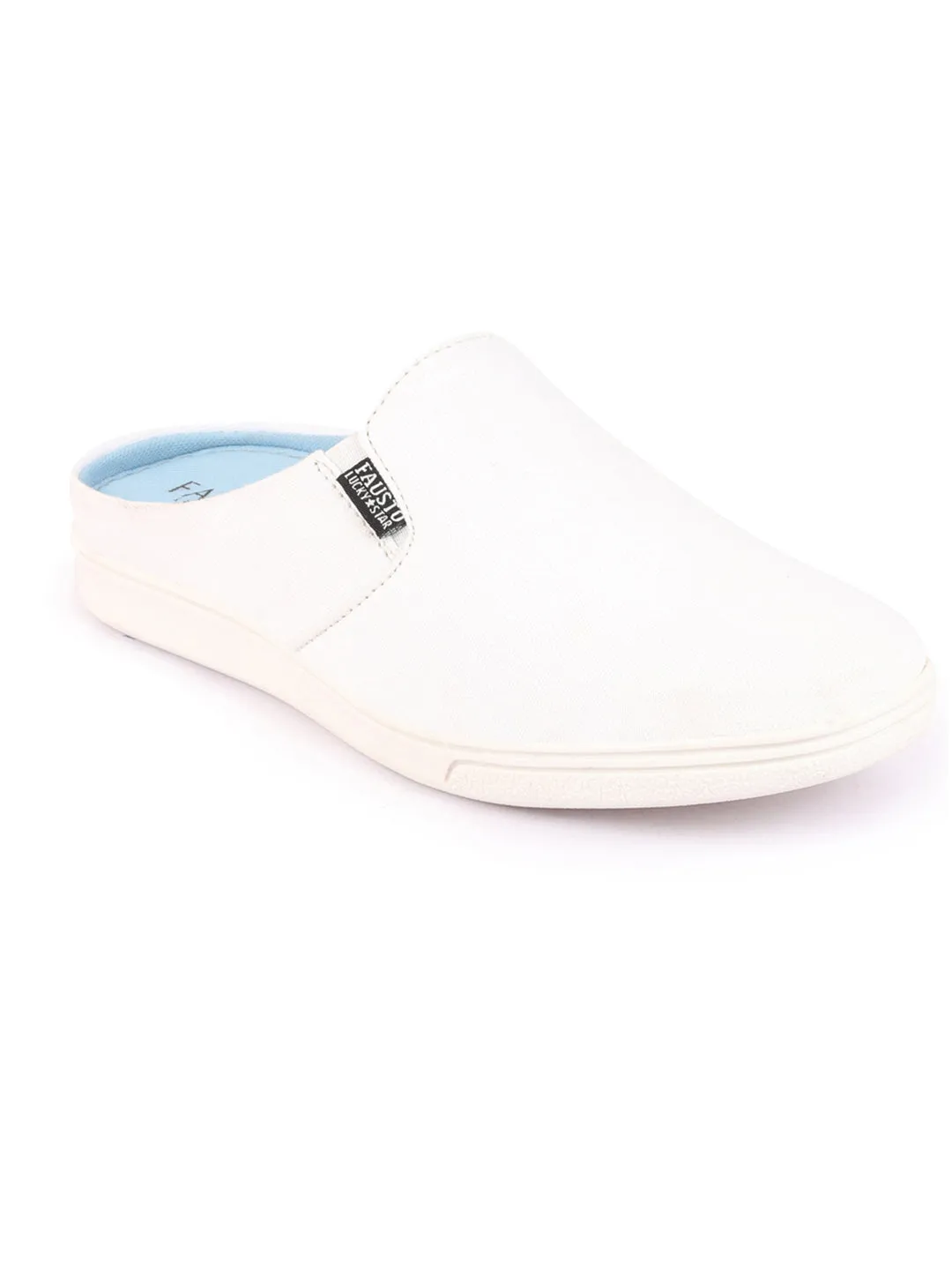 Men White Casual Back Open Canvas Stylish Slip On Shoes