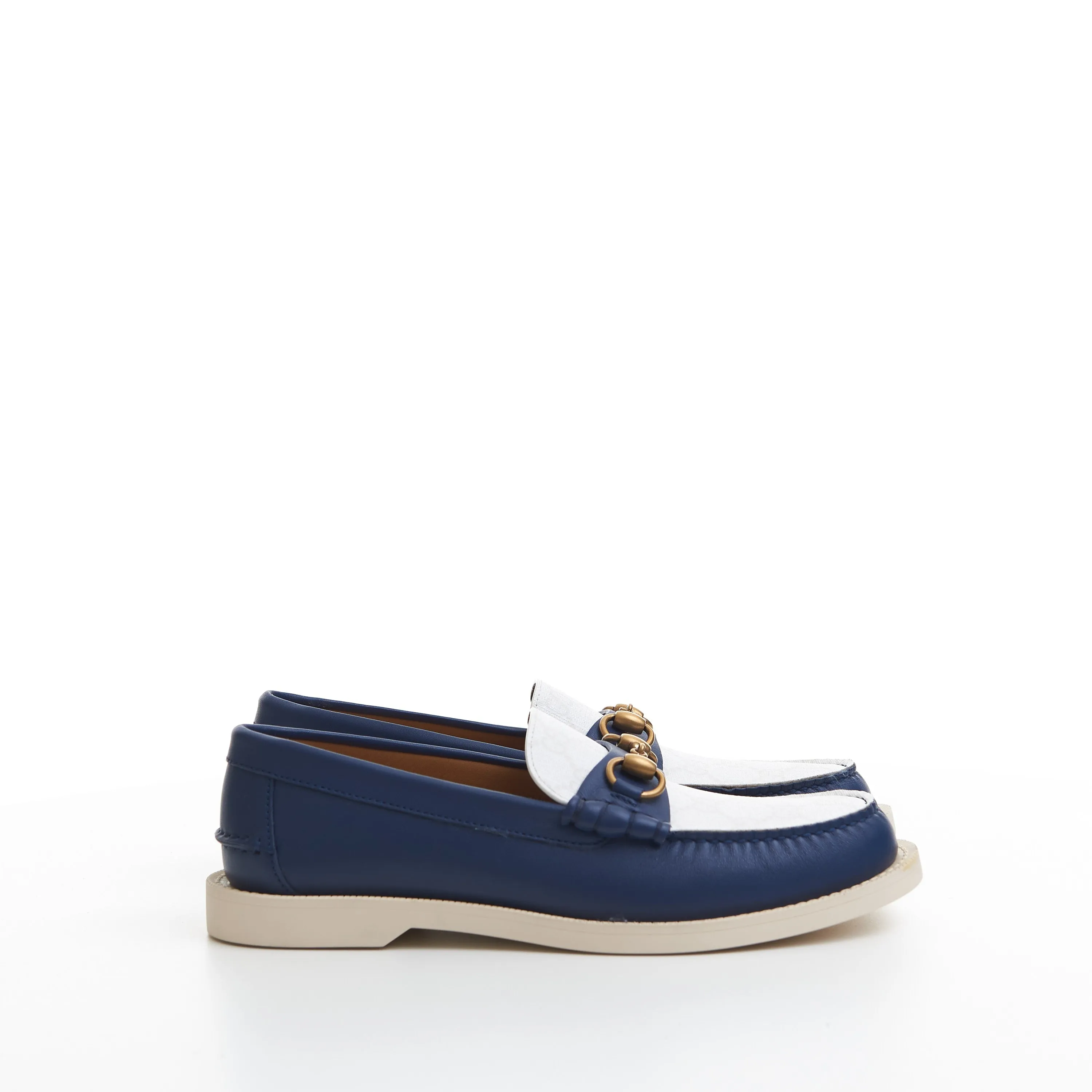 Men's Loafer With Horsebit In Blue Leather & White GG Canvas