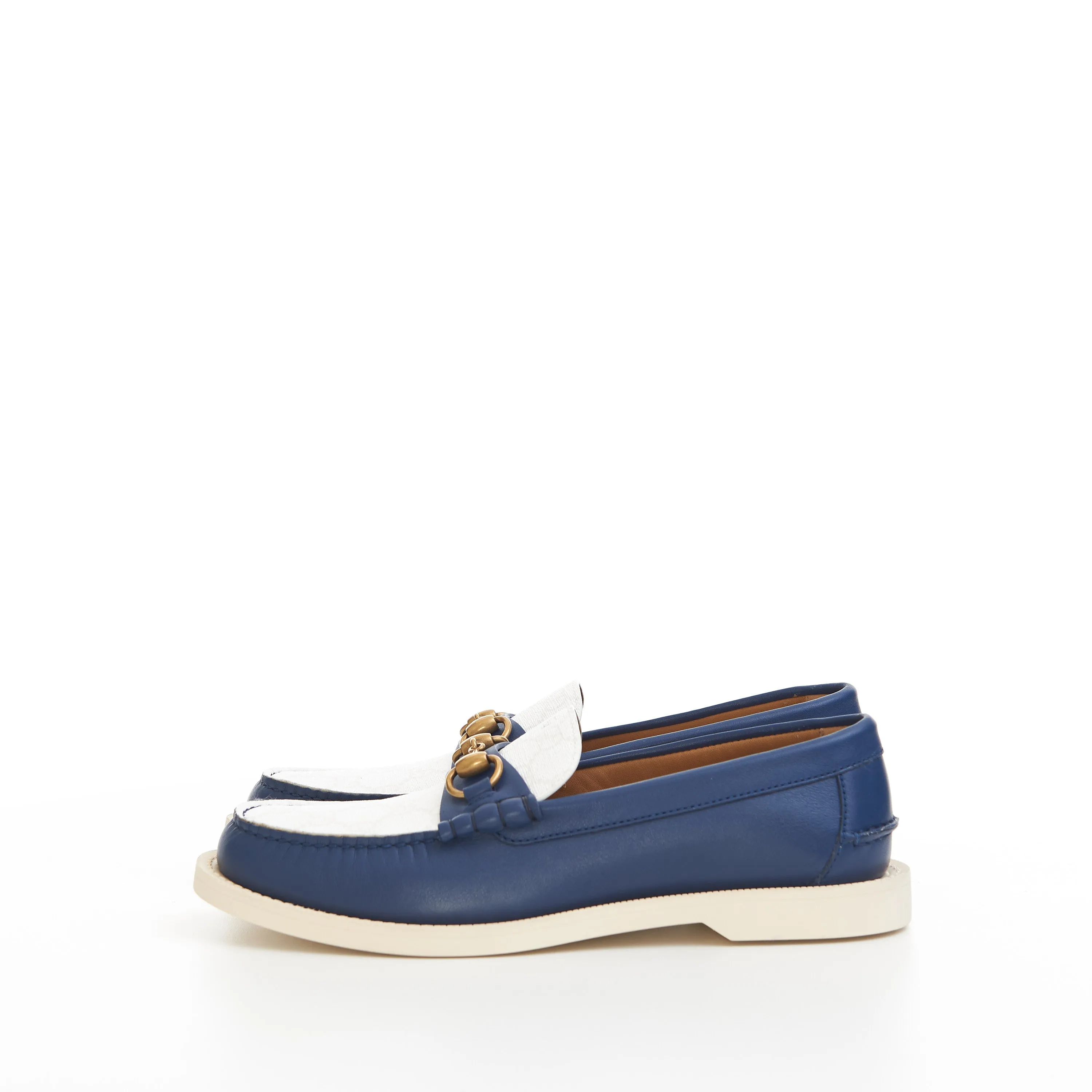 Men's Loafer With Horsebit In Blue Leather & White GG Canvas