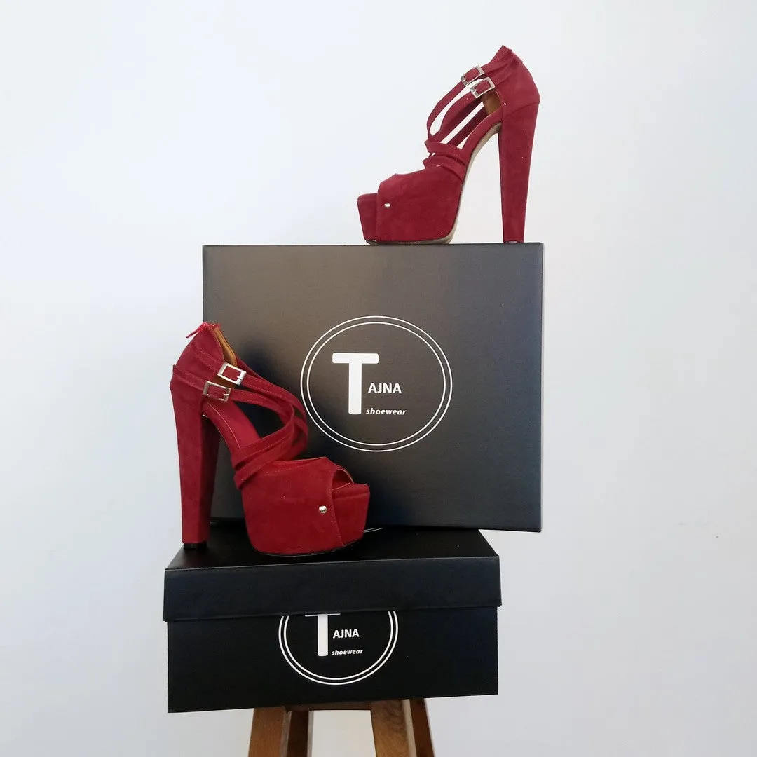 Multi Strap Bordeaux Faux Suede Ankle Platforms