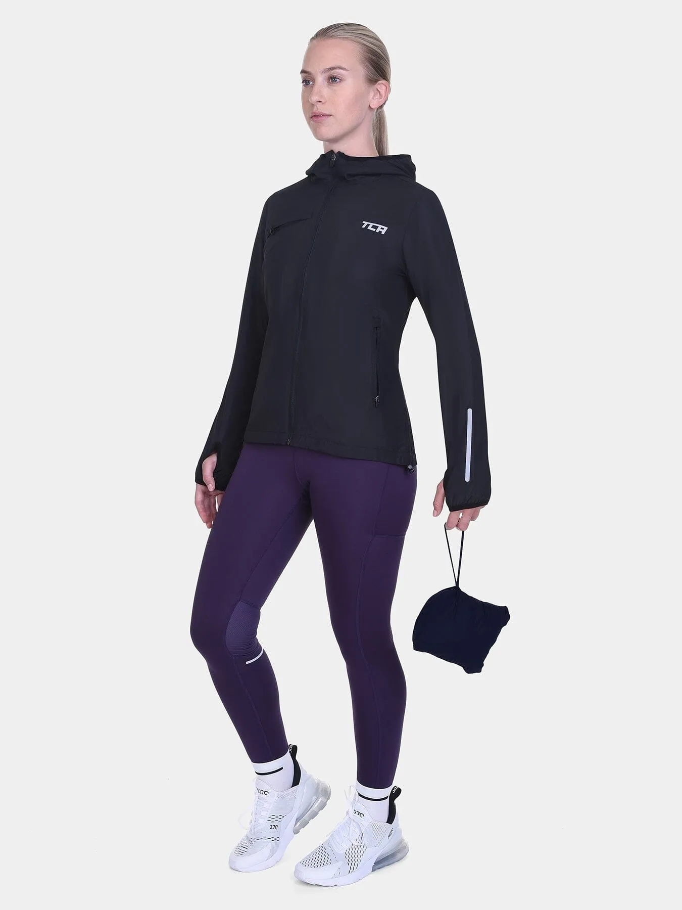 Softshell Packable Running Water Repellant Hooded Jacket For Women With Thumbholes, Reflective Strips & Zip Pockets