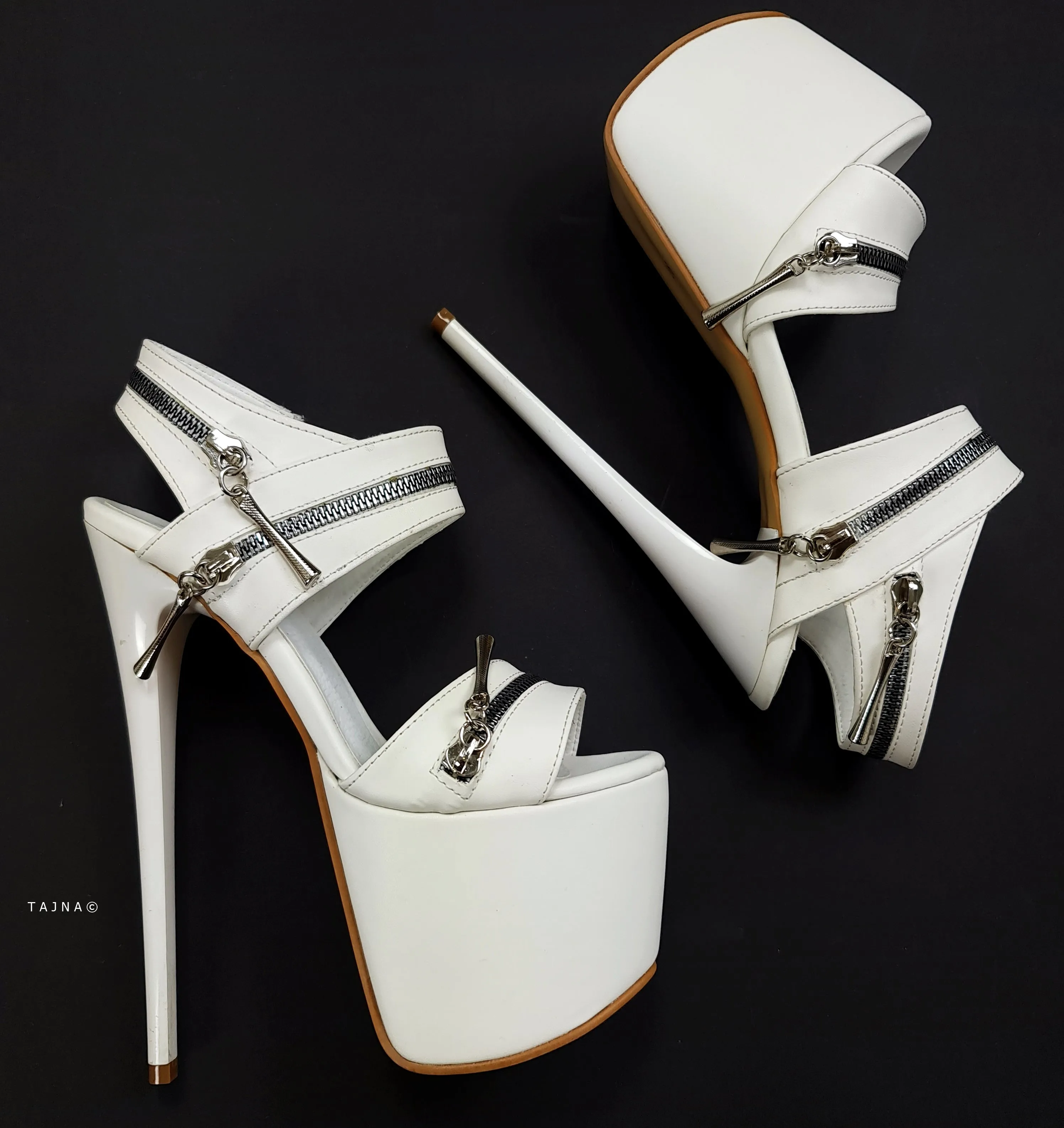 White Matte Zip Detail High Heel Sandals