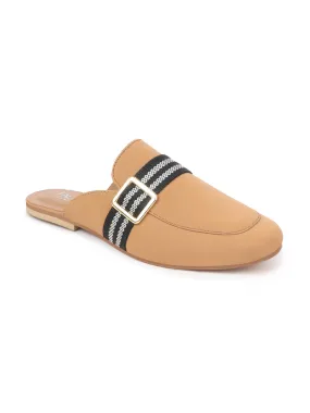 Women Beige Back Open Flat Mules with Buckle Strap