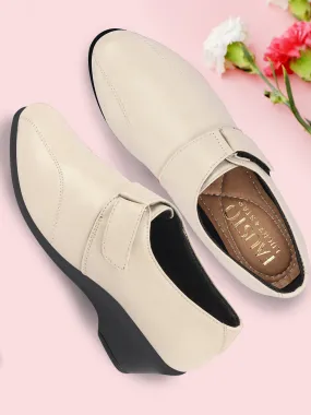 Women Cream Outdoor Fashion Hook and Loop Platform Heel Slip On Shoes