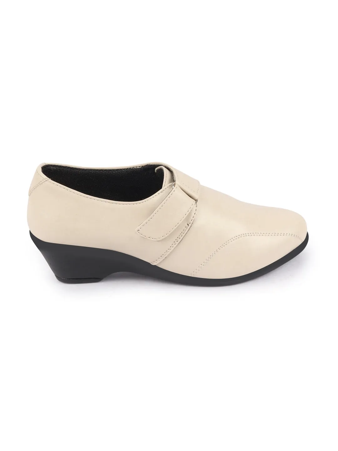 Women Cream Outdoor Fashion Hook and Loop Platform Heel Slip On Shoes