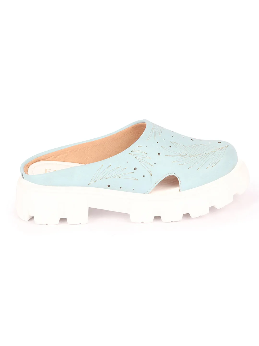 Women Sky Blue Fashion Outdoor Leaf Print Laser Cut Design Open Back Slip On Casual Shoes