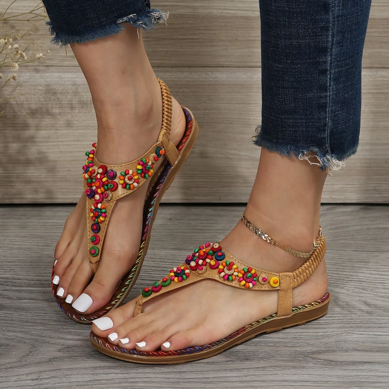 Women's Beaded Decor Flip Flops Open Round Toe Elastic Ankle Strap Sandals