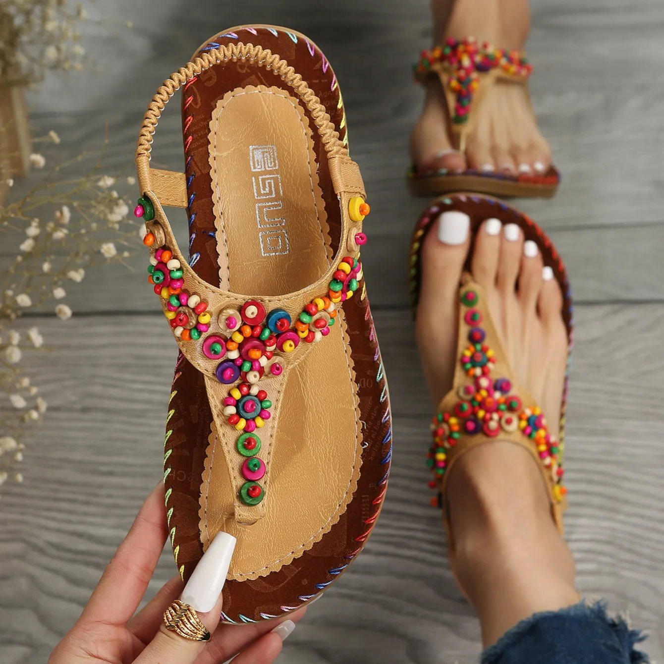 Women's Beaded Decor Flip Flops Open Round Toe Elastic Ankle Strap Sandals